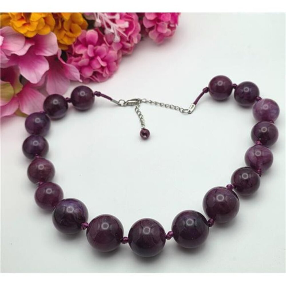 Purple Marbled Lucite Gumball Bead Necklace Graduated Chunky 22" Silver Tone
